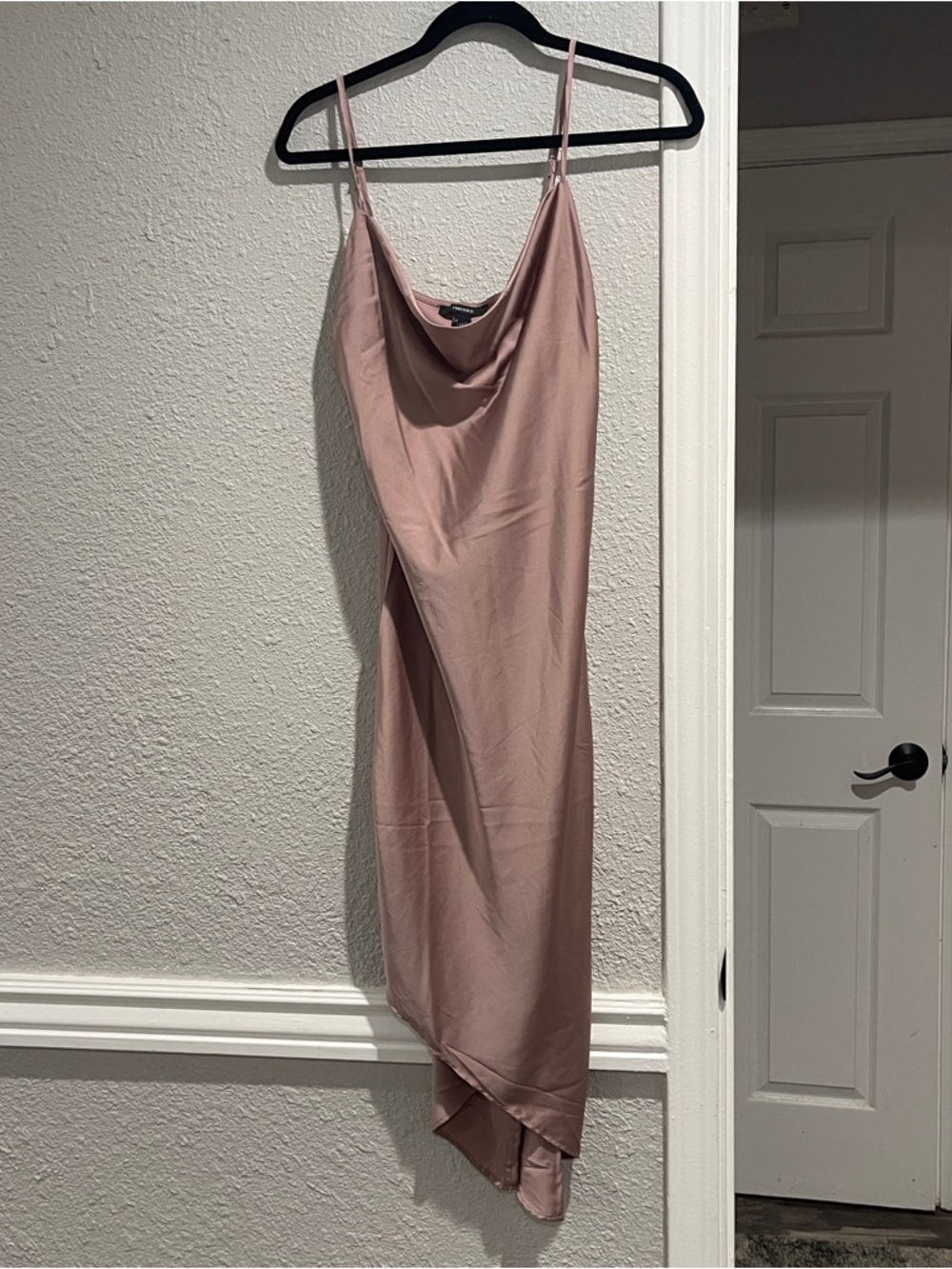 Forever 21 Satin Slip Dress Blush Pink Cowl Neck Midi Asymmetrical Hem Size S